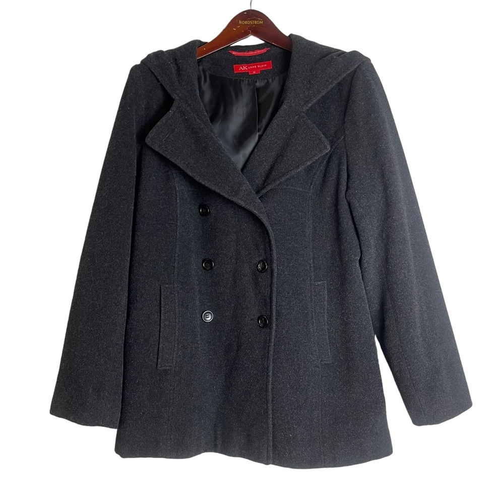 ANNE KLEIN Women’s Gray Wool Blend Hooded Pea Coat Size M Winter Travel Vacation